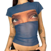 Top Printed With Funny Eyes In Aesthetic Mesh